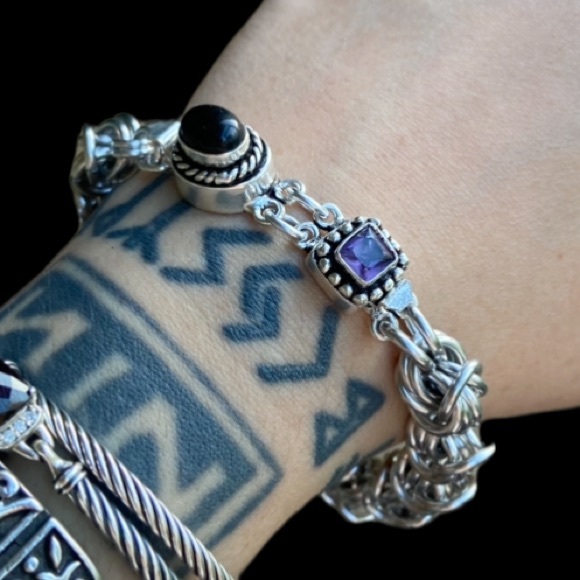 Amethyst & onyx gemstones , handmade maille links bizantine chain bracelet - Picture 8 of 15